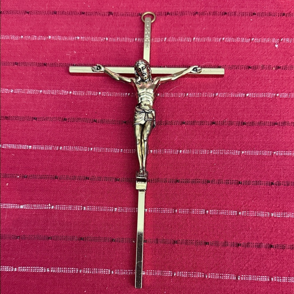 Vintage Portuguese Brass INRI Crucifix Mid-Century Religious Made in Portugal